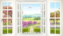 digital mural wallpaper, окно, цветущий, сад, тропинка