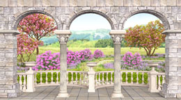 digital mural wallpaper, 3д, колоннада, цветущий, сад