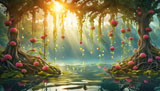 digital mural wallpaper, свисающие, цветы, озеро, вода