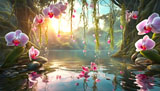 digital mural wallpaper, цветы, орхидеи, отражение, в воде