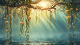 digital mural wallpaper, ветка, цветы, над, озером