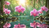 digital mural wallpaper, розовые, орхидеи, озеро, вода
