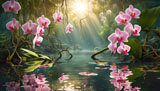 digital mural wallpaper, розовые, орхидеи, отражение, в воде