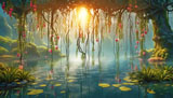 digital mural wallpaper, цветы, над, прудом, закат