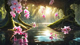 digital mural wallpaper, цветы, орхидеи, падают, в озеро