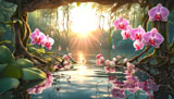 digital mural wallpaper, орхидеи, озеро, солнце, вода