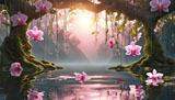 digital mural wallpaper, розовый, закат, озеро, орхидеи