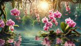digital mural wallpaper, розовые, орхидеи, над, прудом