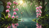 digital mural wallpaper, цветы, розовые, орхидеи, озеро