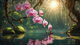 digital mural wallpaper, ветка, розовых, орхидей, над прудом
