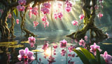 digital mural wallpaper, цветы, орхидеи, летящие, в воду