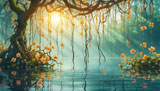 digital mural wallpaper, цветы, лианы, дерево, озеро