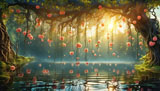 digital mural wallpaper, оранжевые, цветы, над, озером