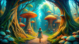 digital mural wallpaper, детские, Алиса, лес, грибы
