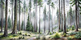 digital mural wallpaper, акварель, панорама, лес, пейзаж