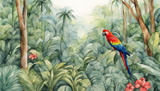 digital mural wallpaper, акварель, тропический, лес, попугай