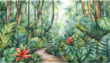 digital mural wallpaper, акварель, тропический, лес, тропинка