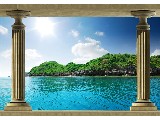 digital mural wallpaper, остров, небо, колонны, море