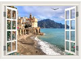 digital mural wallpaper, окно, 3d, город, море