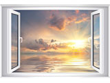 digital mural wallpaper, окно, 3d, закат, море
