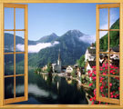 digital mural wallpaper, окно, море, горы, город