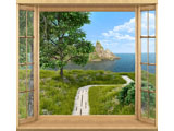 digital mural wallpaper, окно, пейзаж, море, тропинка