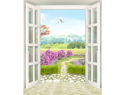 digital mural wallpaper, окно, терраса, сад, тропинка